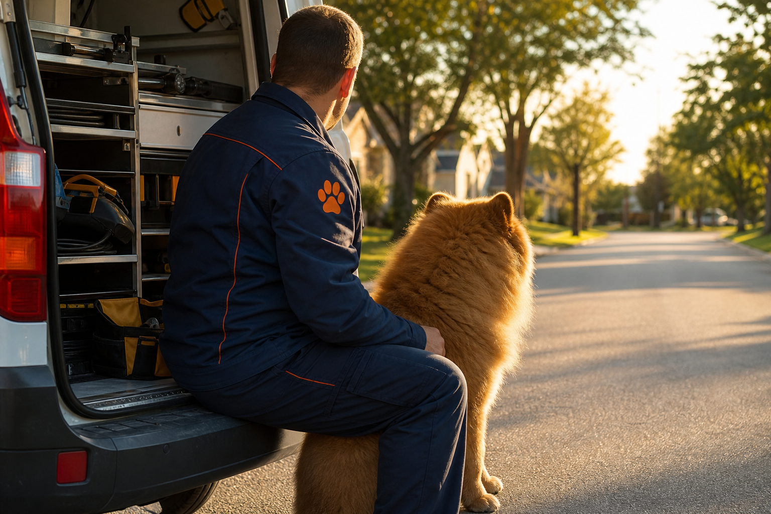 Chow Chow Garage Doors technician and the chow chow at day end