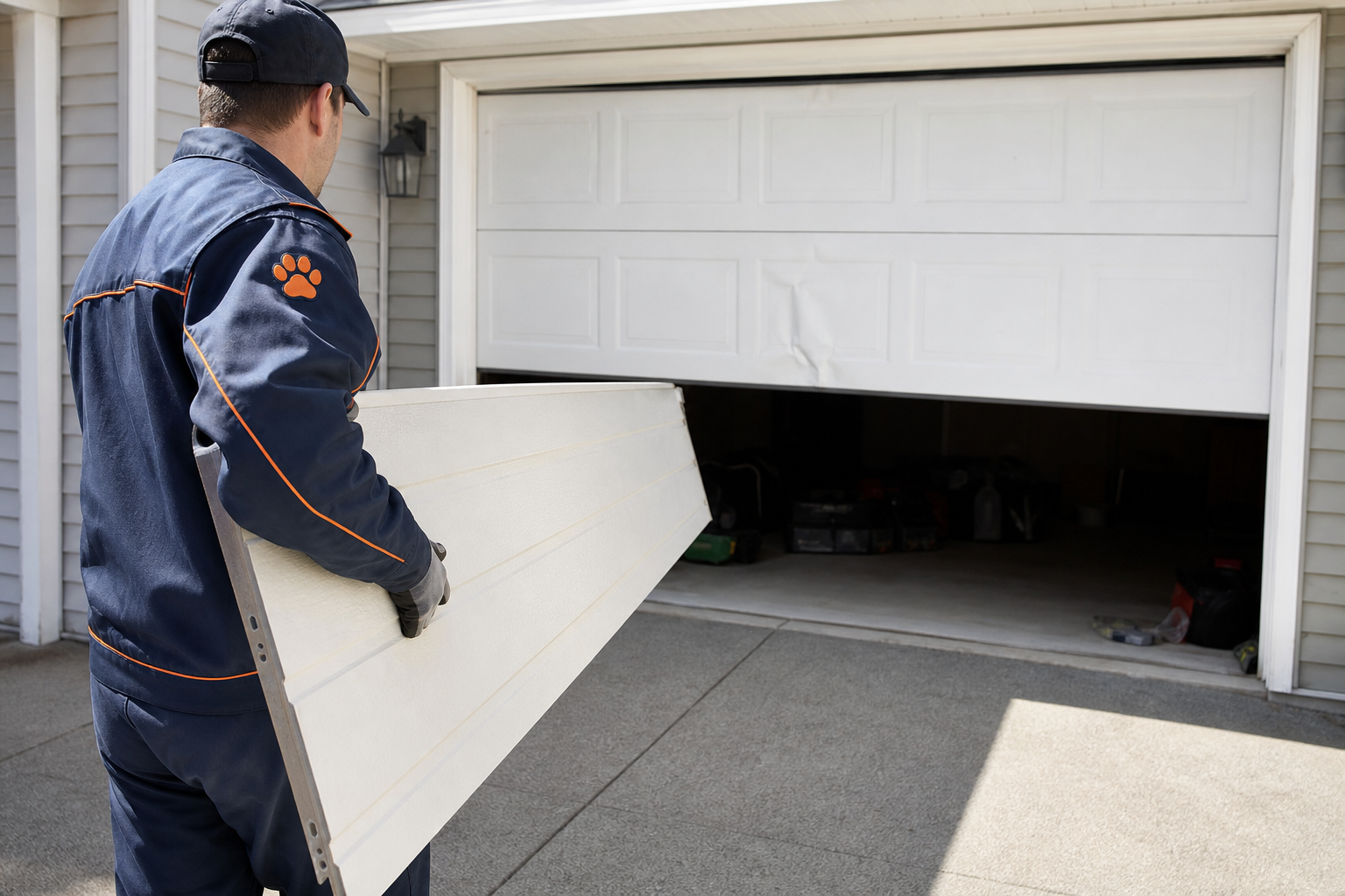 Garage door panel replacement - Chow Chow Garage Doors technician at work