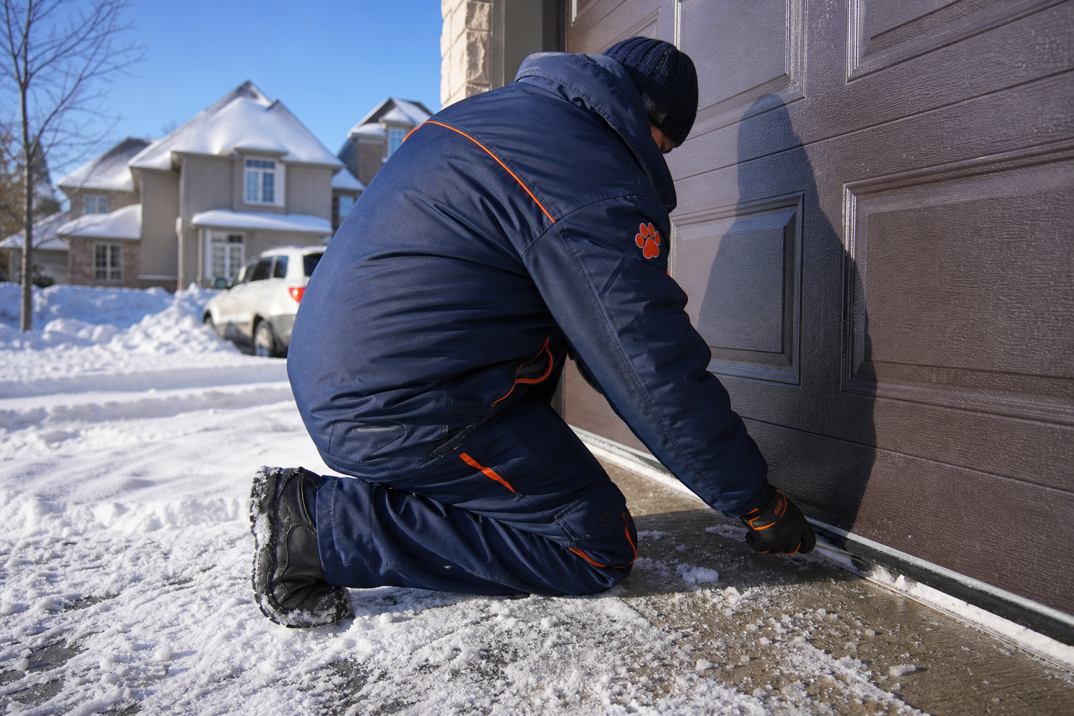 Clearing ice from a garage door seal in a GTA winter
